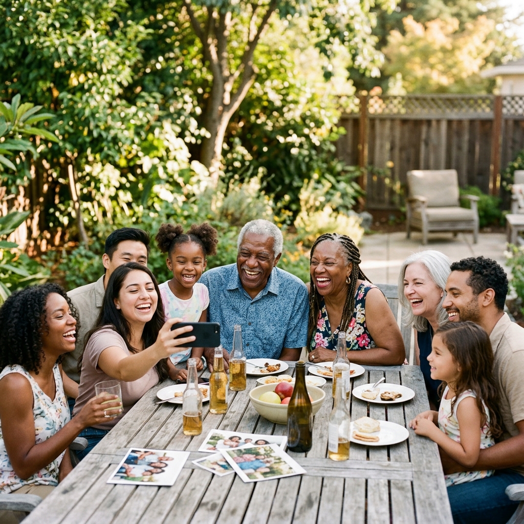 A multi-generational family gathering and laughing together outdoors