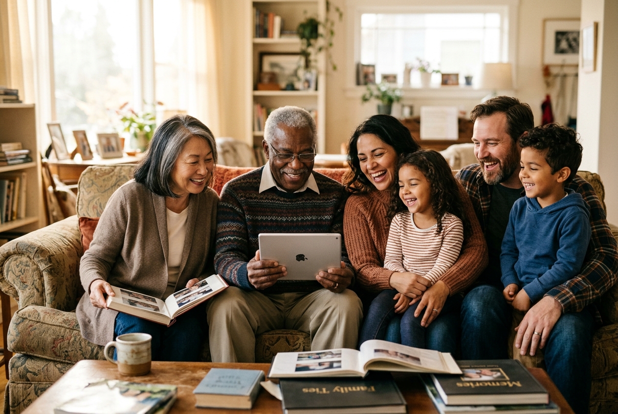 A multi-generational family sharing photos together on a tablet at home