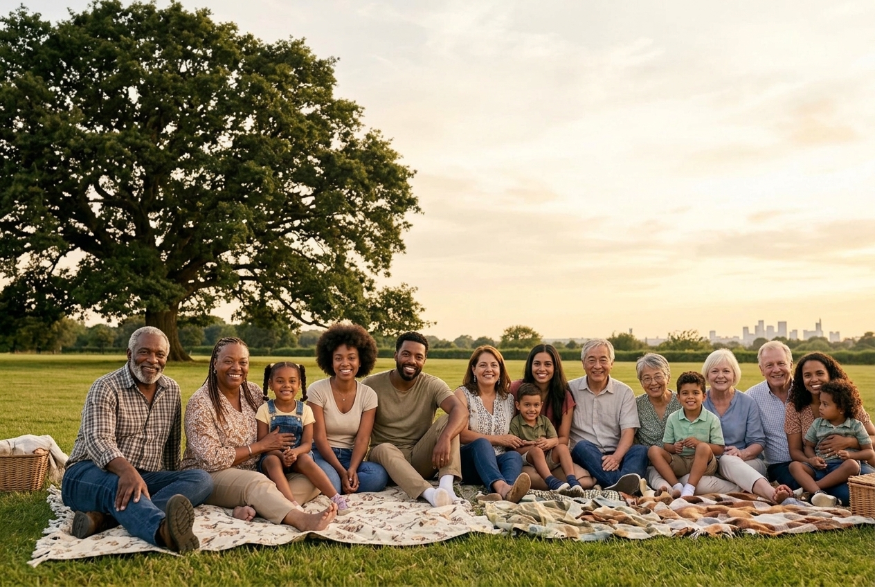 A large multicultural family of all generations gathered together in a sunlit wildflower meadow, smiling toward the viewer
