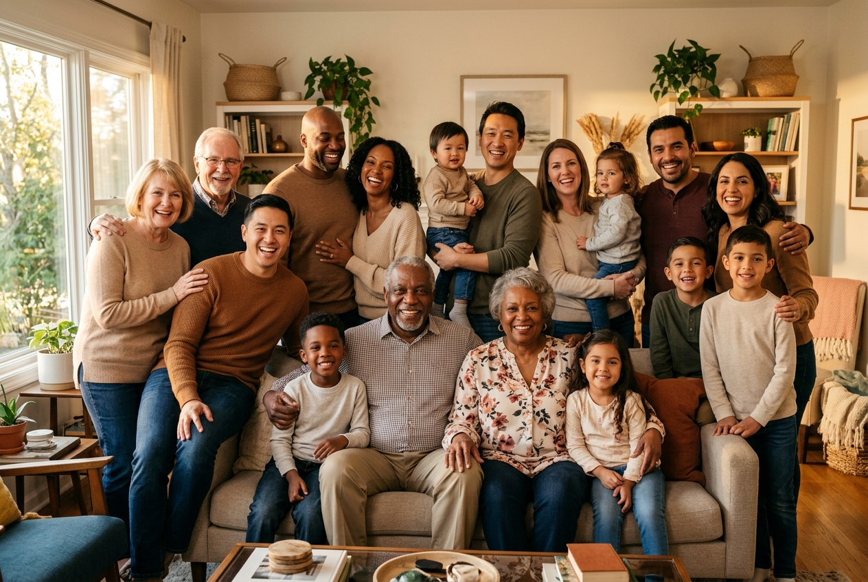 A large multi-generational family portrait together at home in warm light