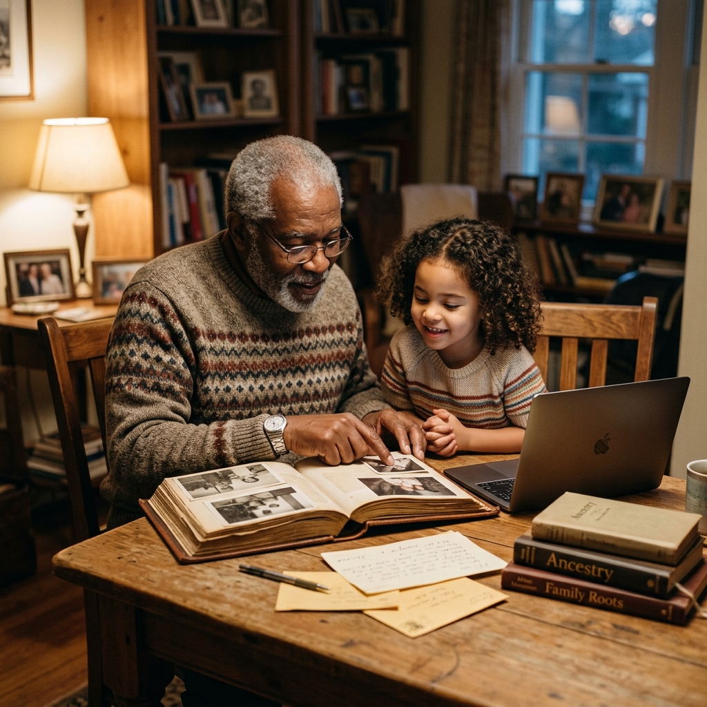 A grandfather and grandchild looking through a printed family photo album with a laptop nearby