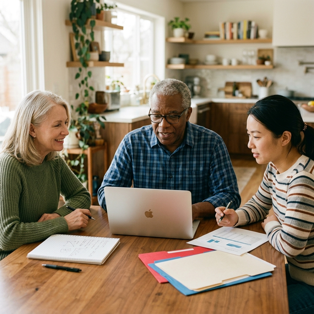 Family members planning together at a table with a laptop and organized documents