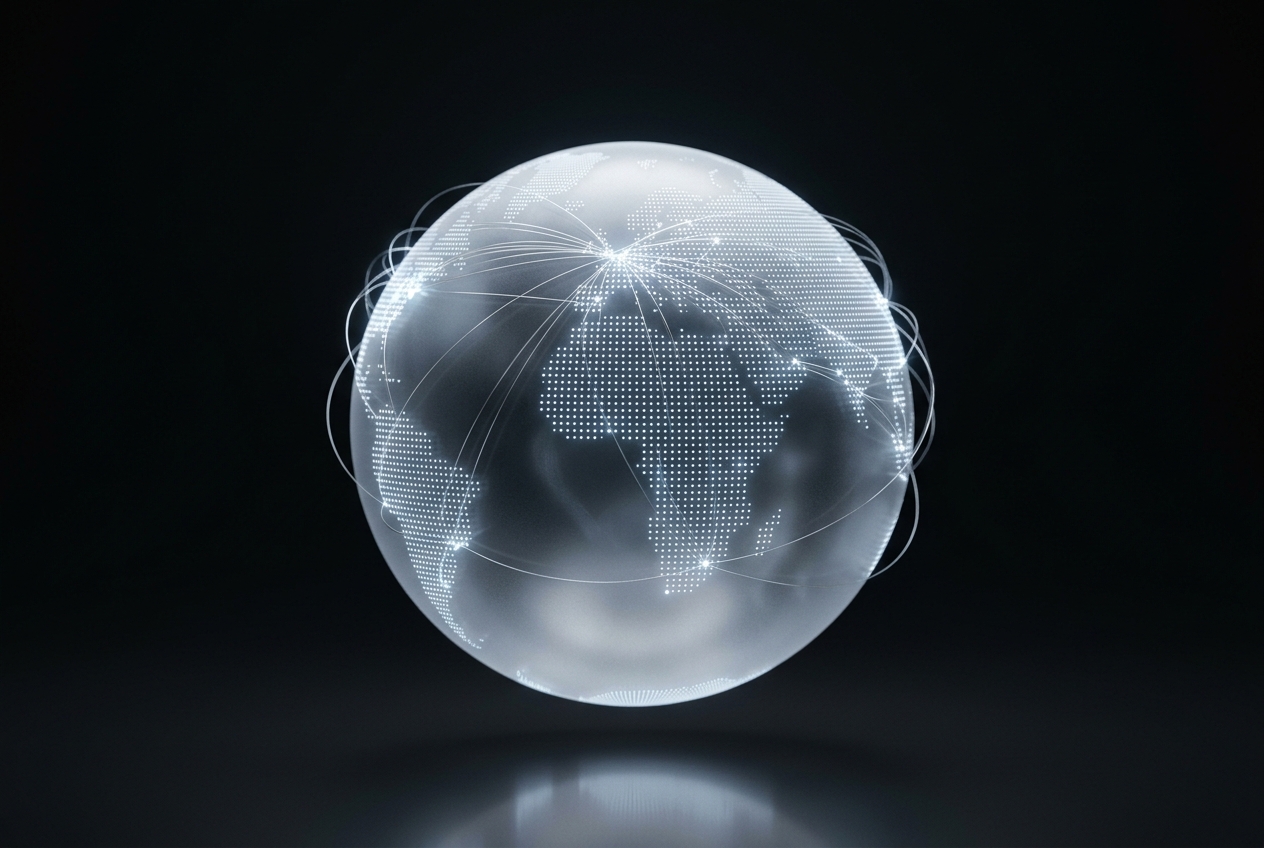 ORAYA glass intelligence globe — a translucent world visualization with connected nodes