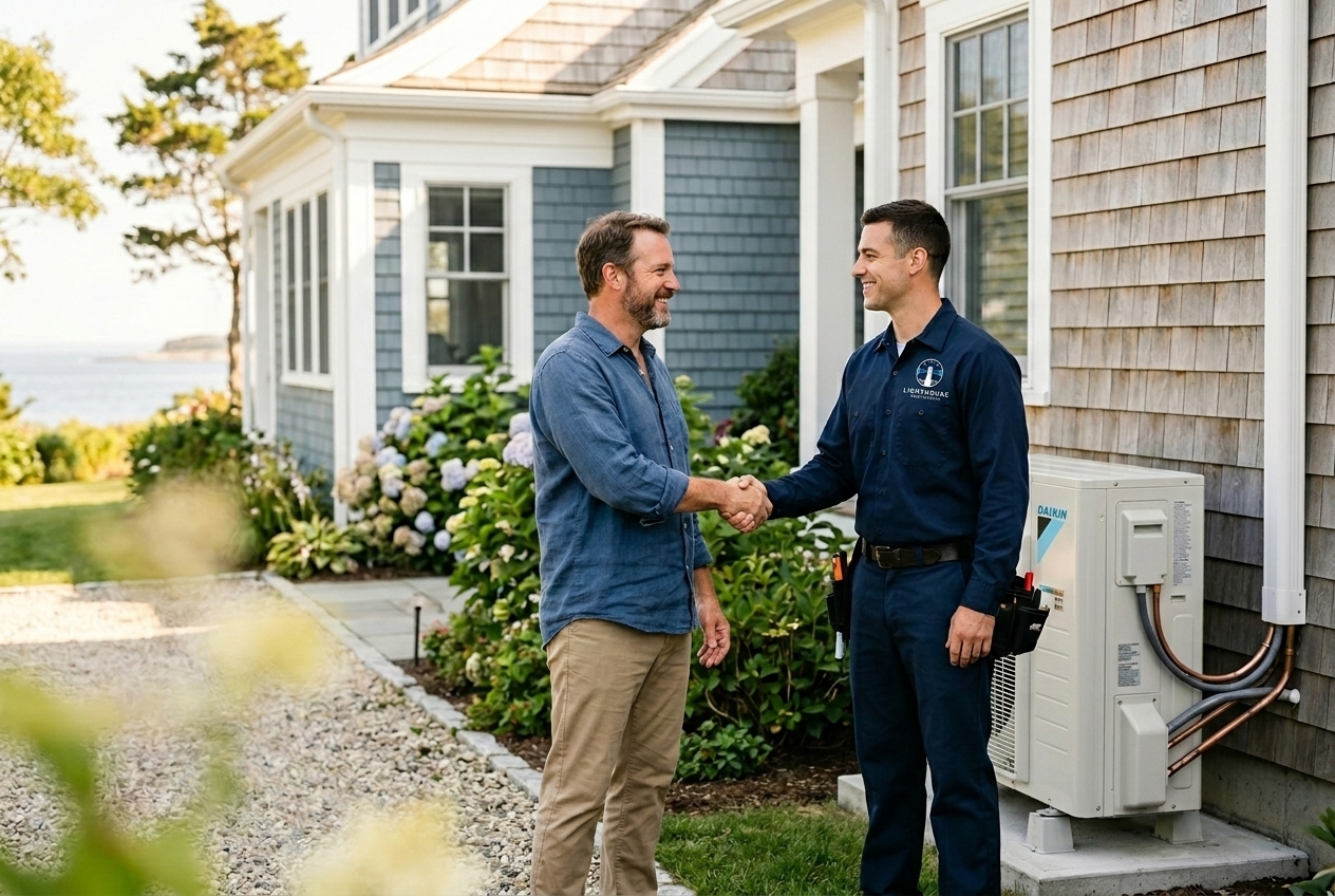 Lighthouse technician shaking hands with a homeowner beside a newly installed heat pump