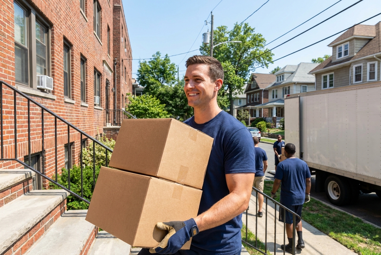 Haul Yeah apartment movers carrying boxes into a New Jersey building