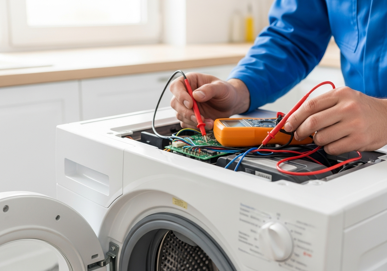 Technician hands using digital diagnostic tool on washer control panel
