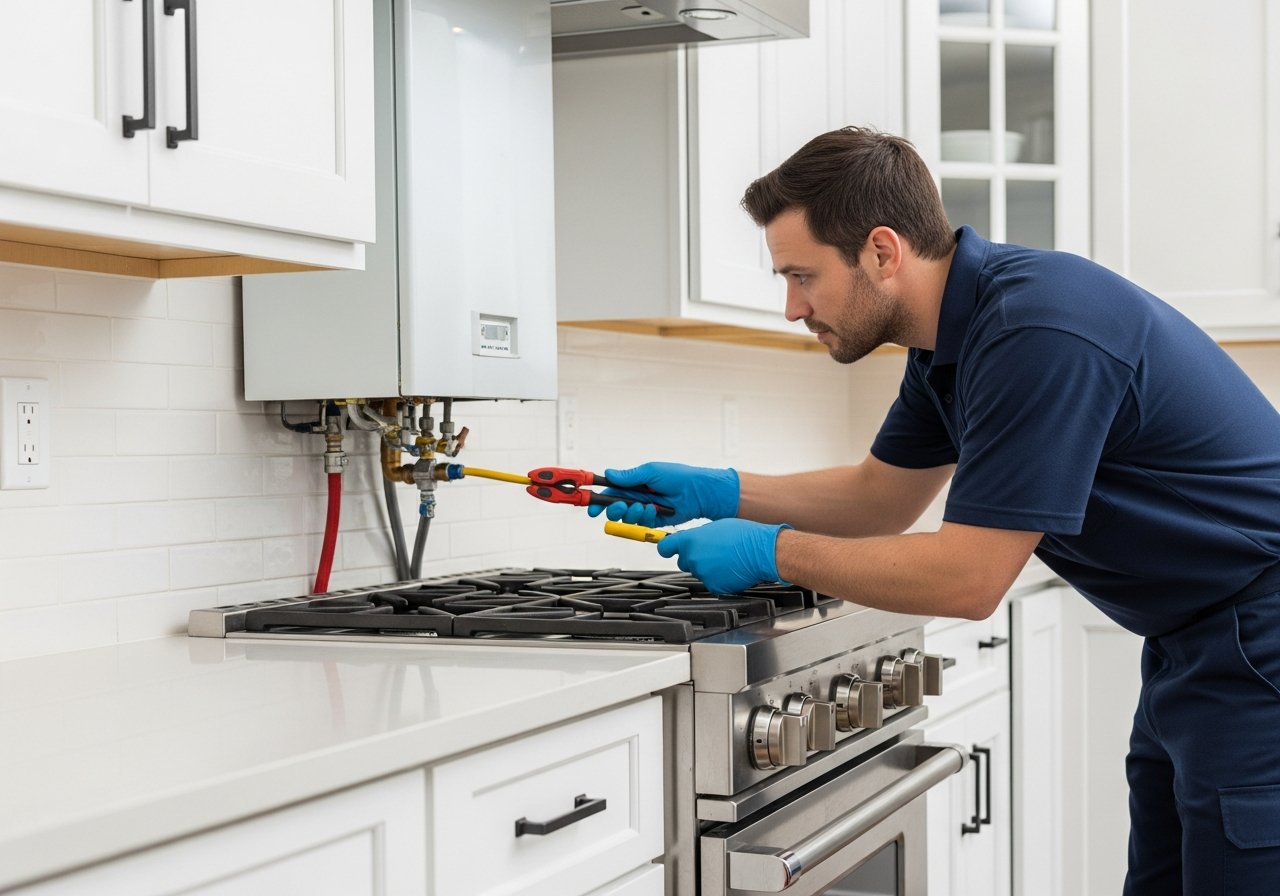 Professional technician in safety gear inspecting gas stove connection
