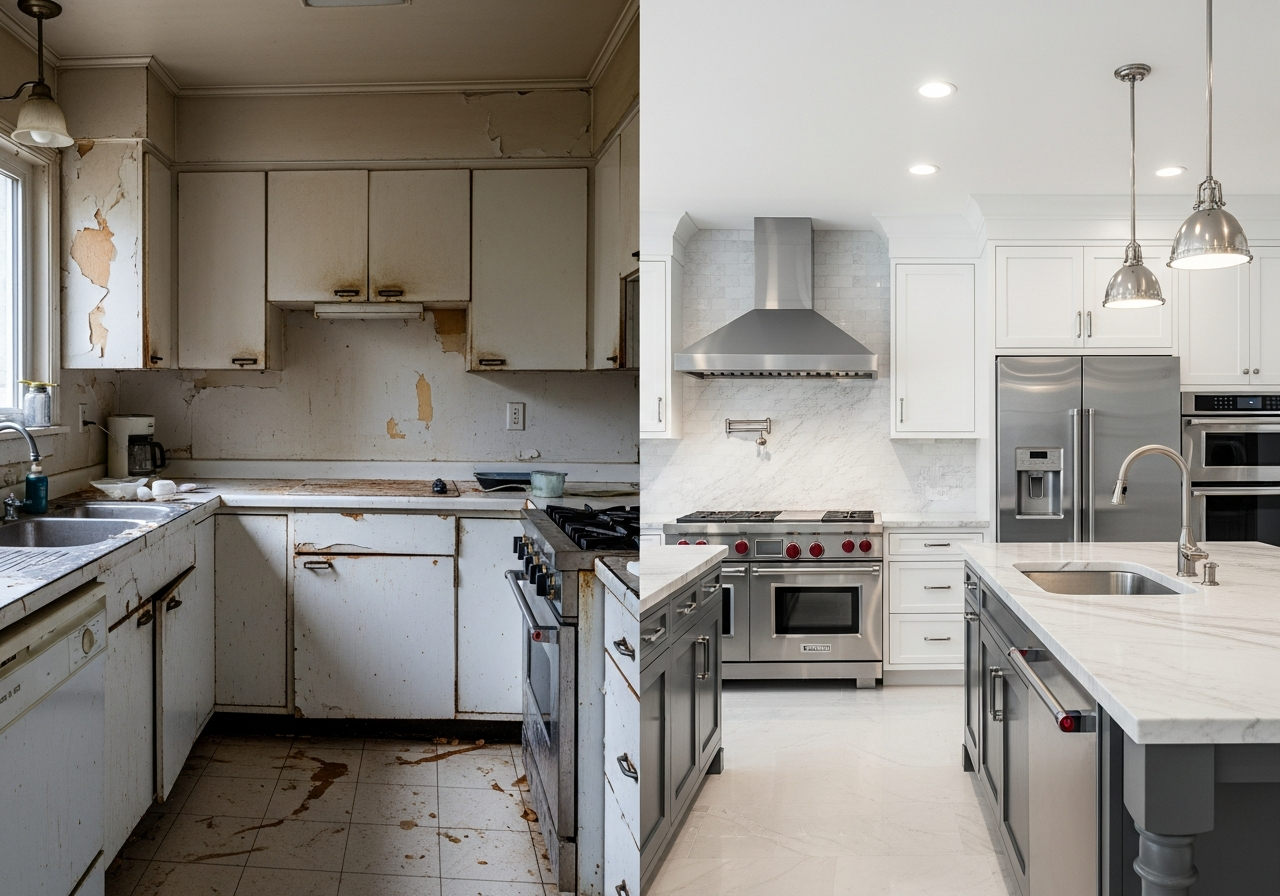 Side-by-side comparison of old outdated kitchen versus new modern renovated kitchen