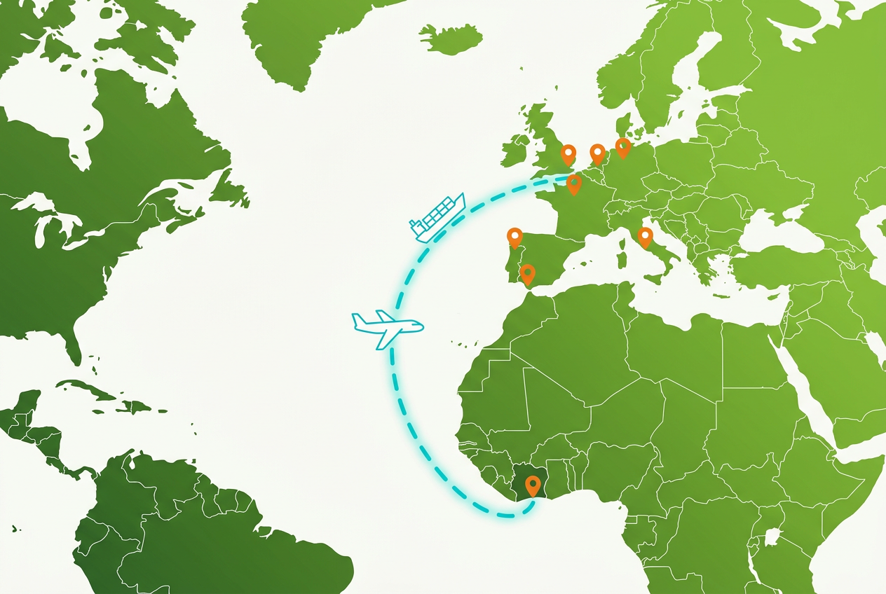 Route d'export de la Côte d'Ivoire vers l'Europe