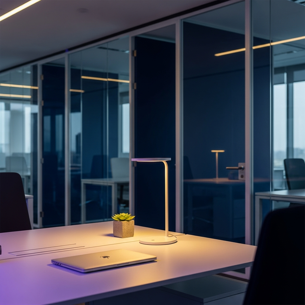 Pristine office partitions illuminated at dusk