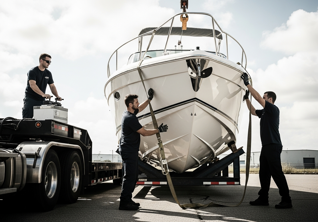 Boat being loaded onto a marine trailer for cross-Canada transport — boat hauling service