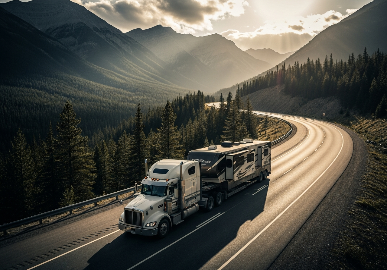 Heavy-duty semi-truck hauling a Class A motorhome through the Canadian Rockies — RV transport service