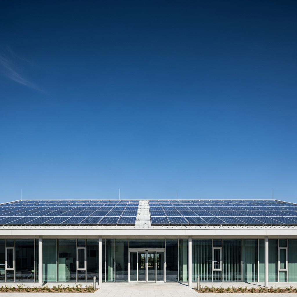 Modern community centre with rooftop solar panels