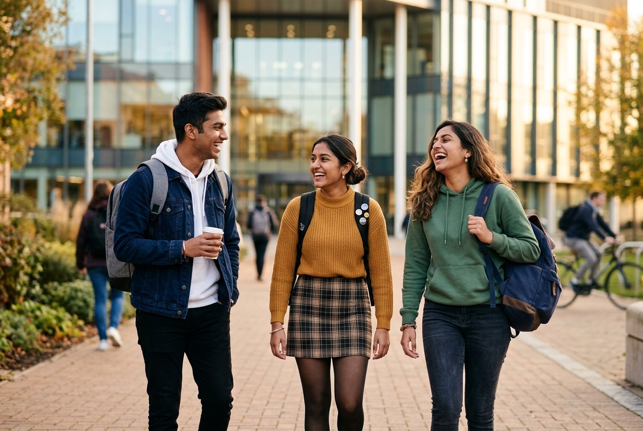 Indian students laughing together on a UK university campus