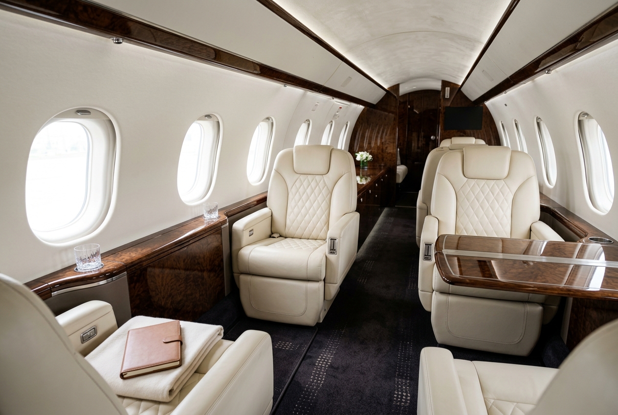 Immaculate private aircraft cabin with cream leather seats