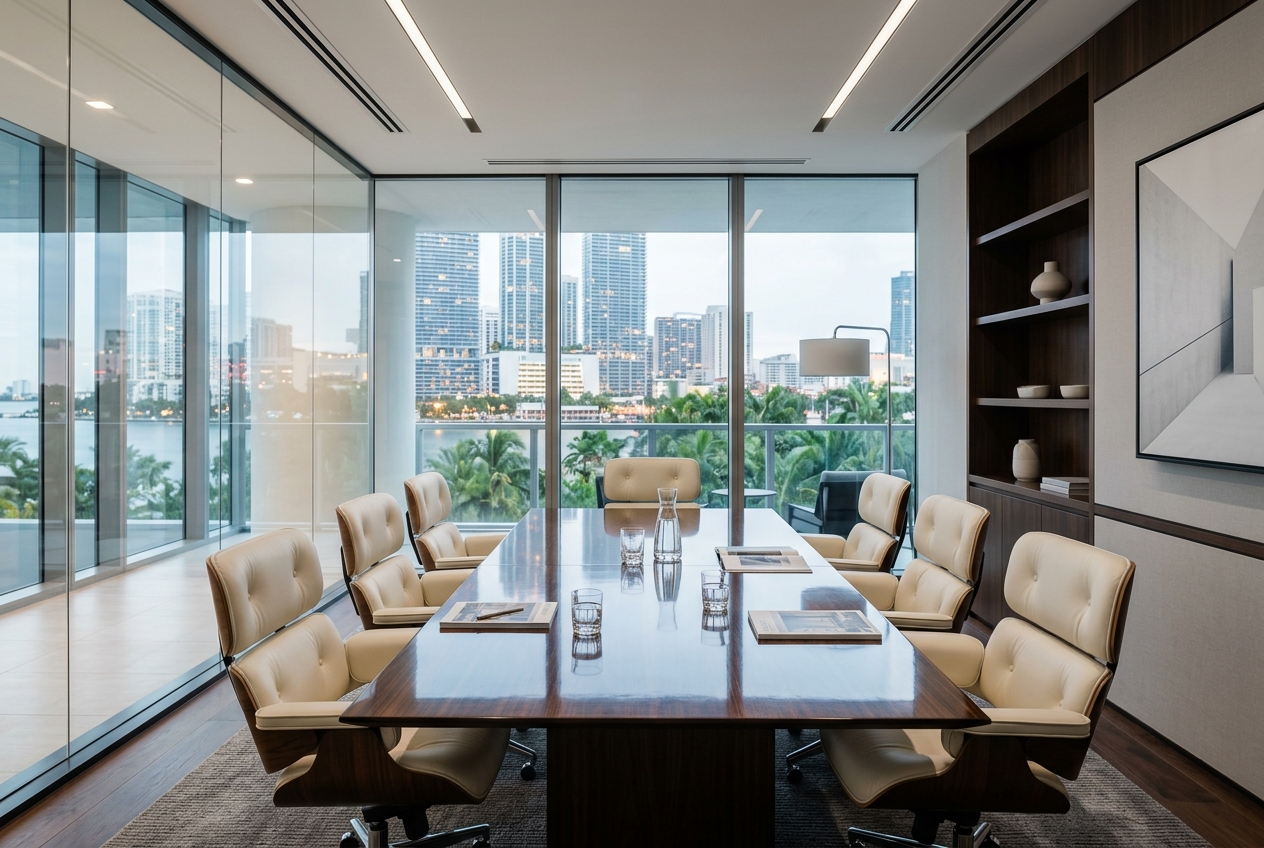 Polished executive office with glass walls and tropical daylight