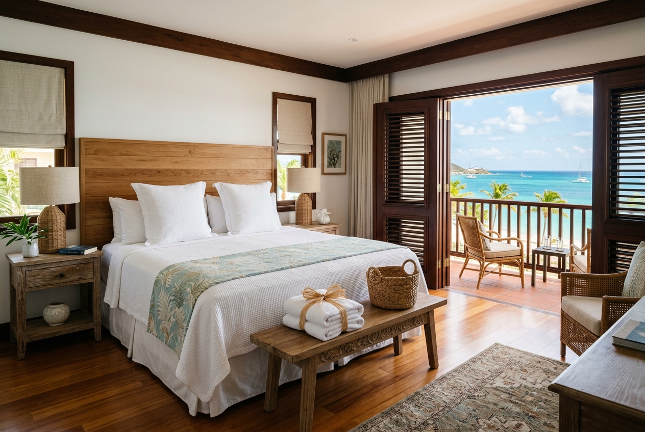 Pristine luxury hotel room with Caribbean balcony view