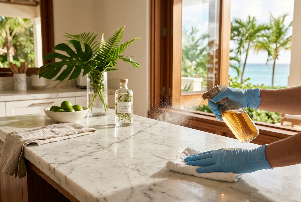 Professional sanitizing a marble counter in a bright Caribbean home