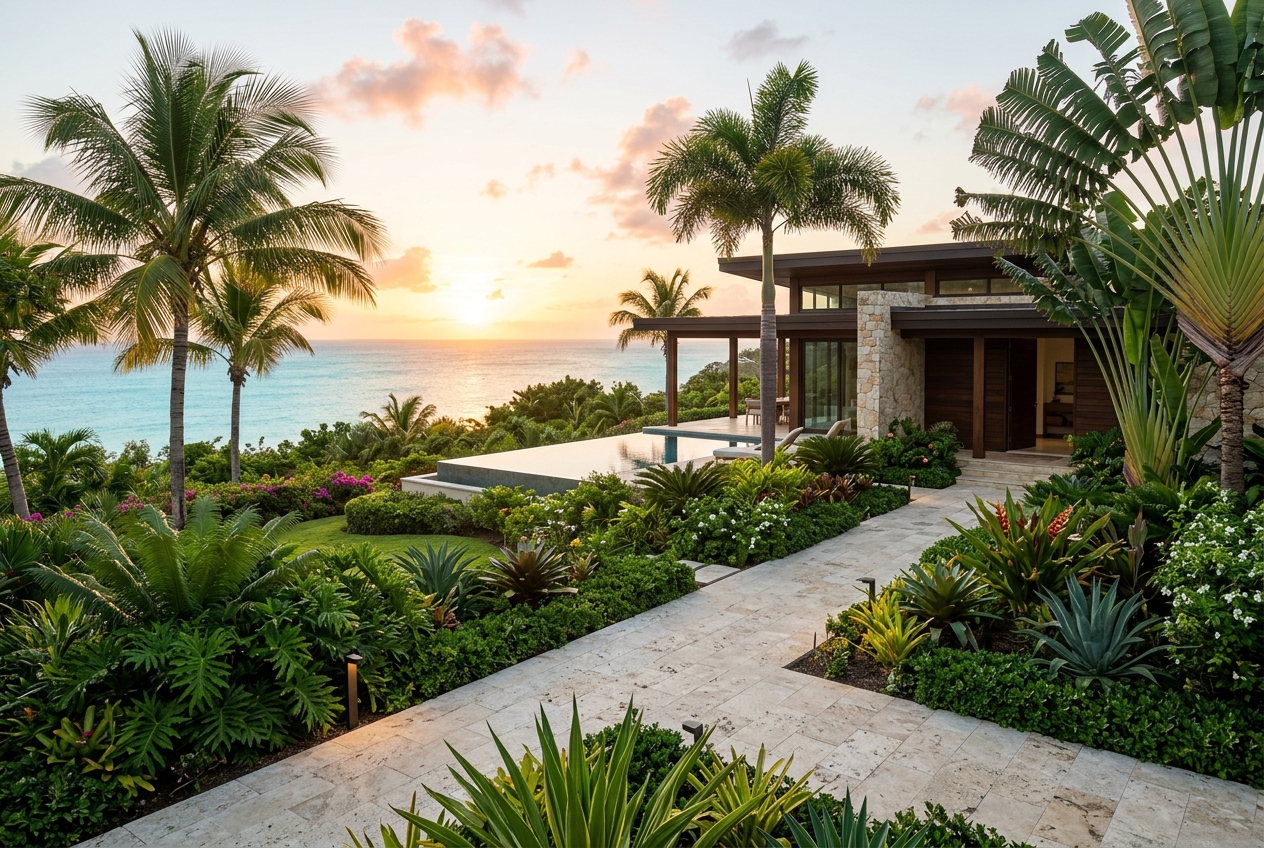 Sculptural tropical garden surrounding a modern Caribbean villa