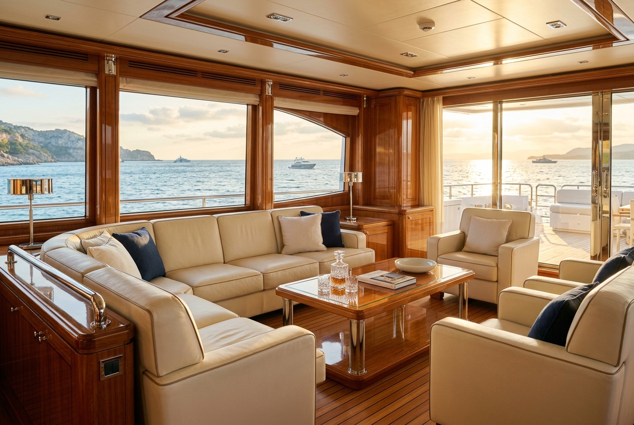 Refined yacht salon with teak details and ocean views