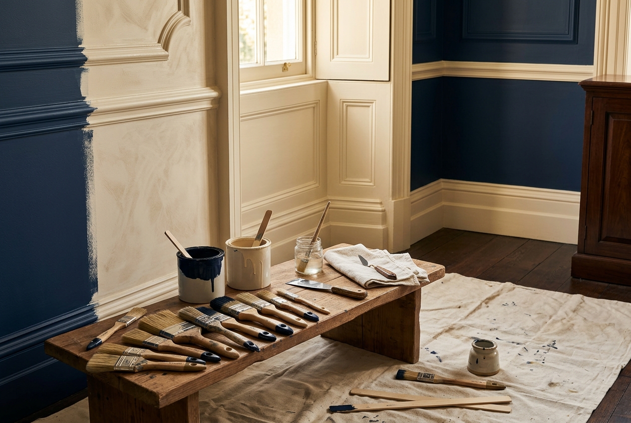 Elegant interior painting and finishing tools beside a refined wall
