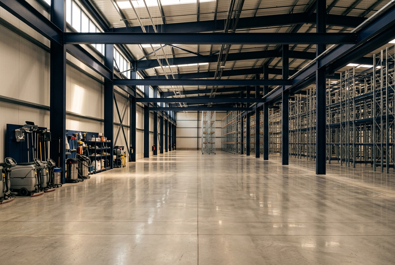 Bright organized industrial warehouse with polished concrete floor