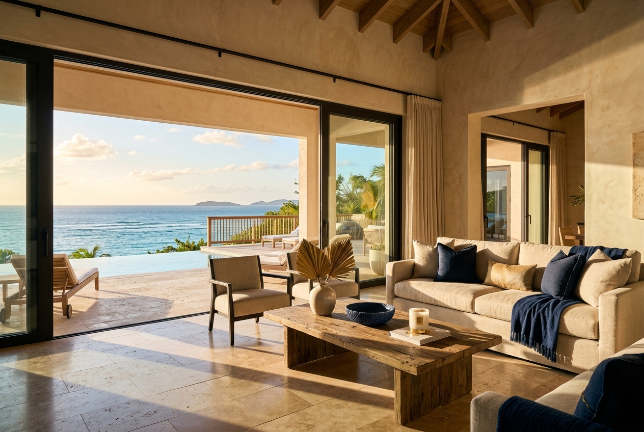 Sunlit Caribbean villa living room overlooking the sea