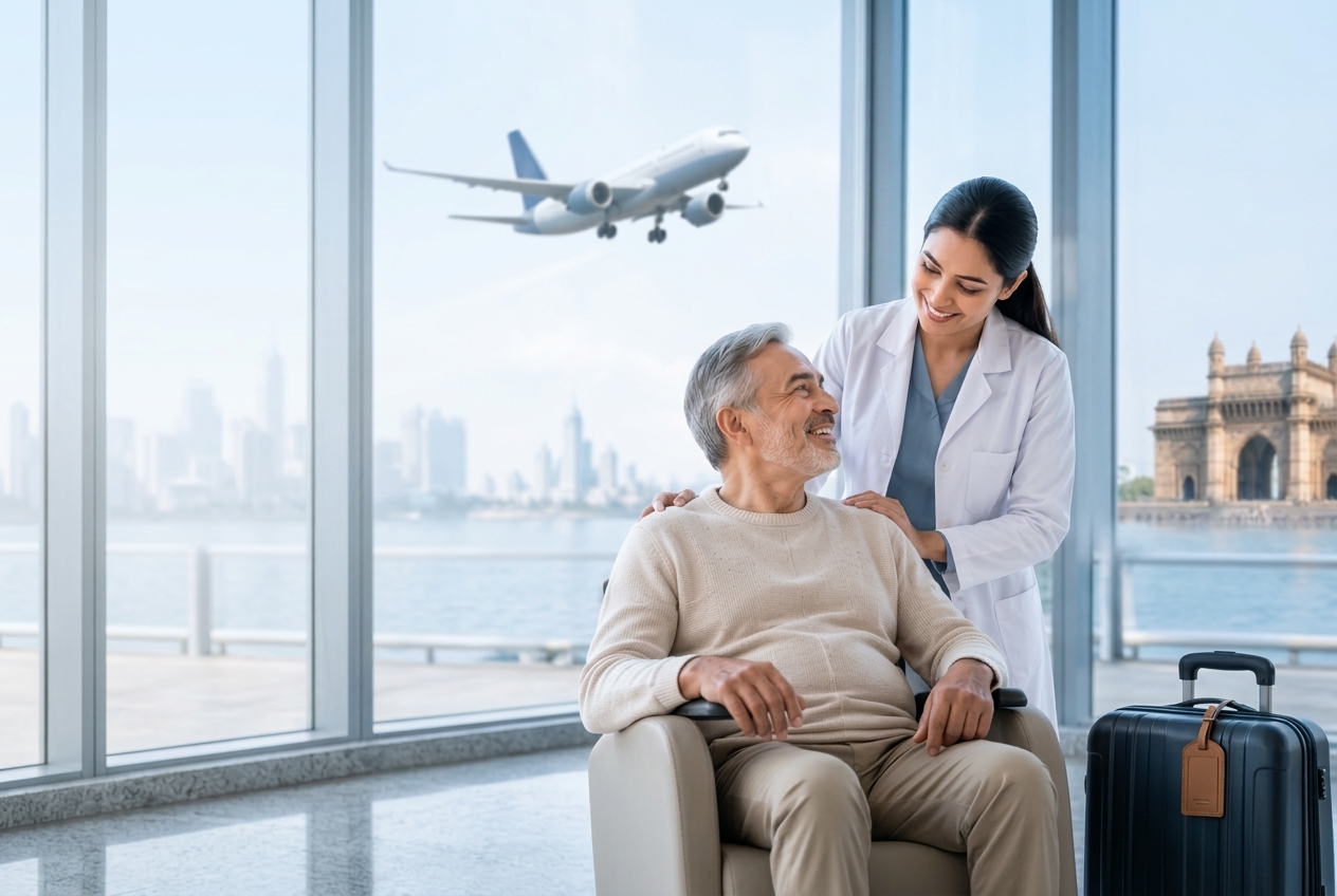 Doctor supporting an elderly international patient near airport windows