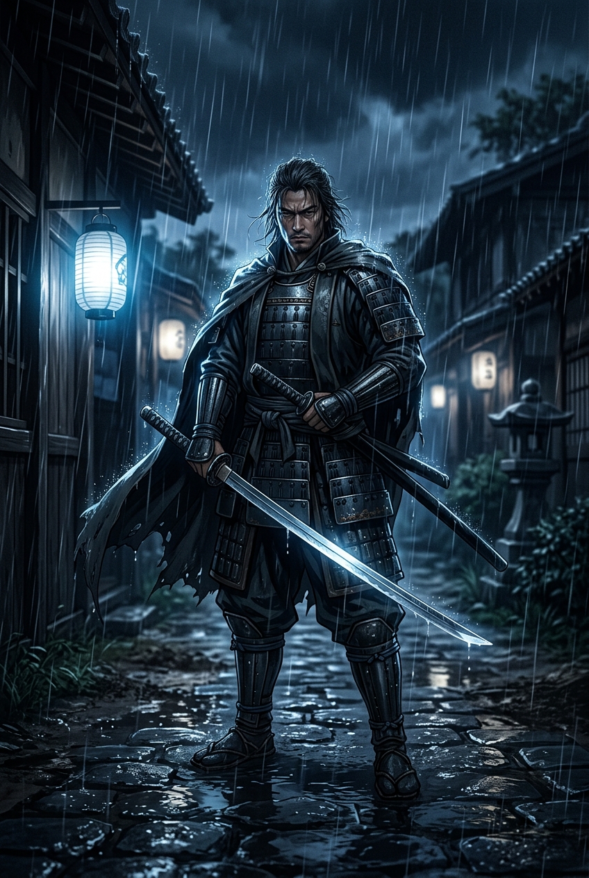 Ronin in Rain — metal art panel