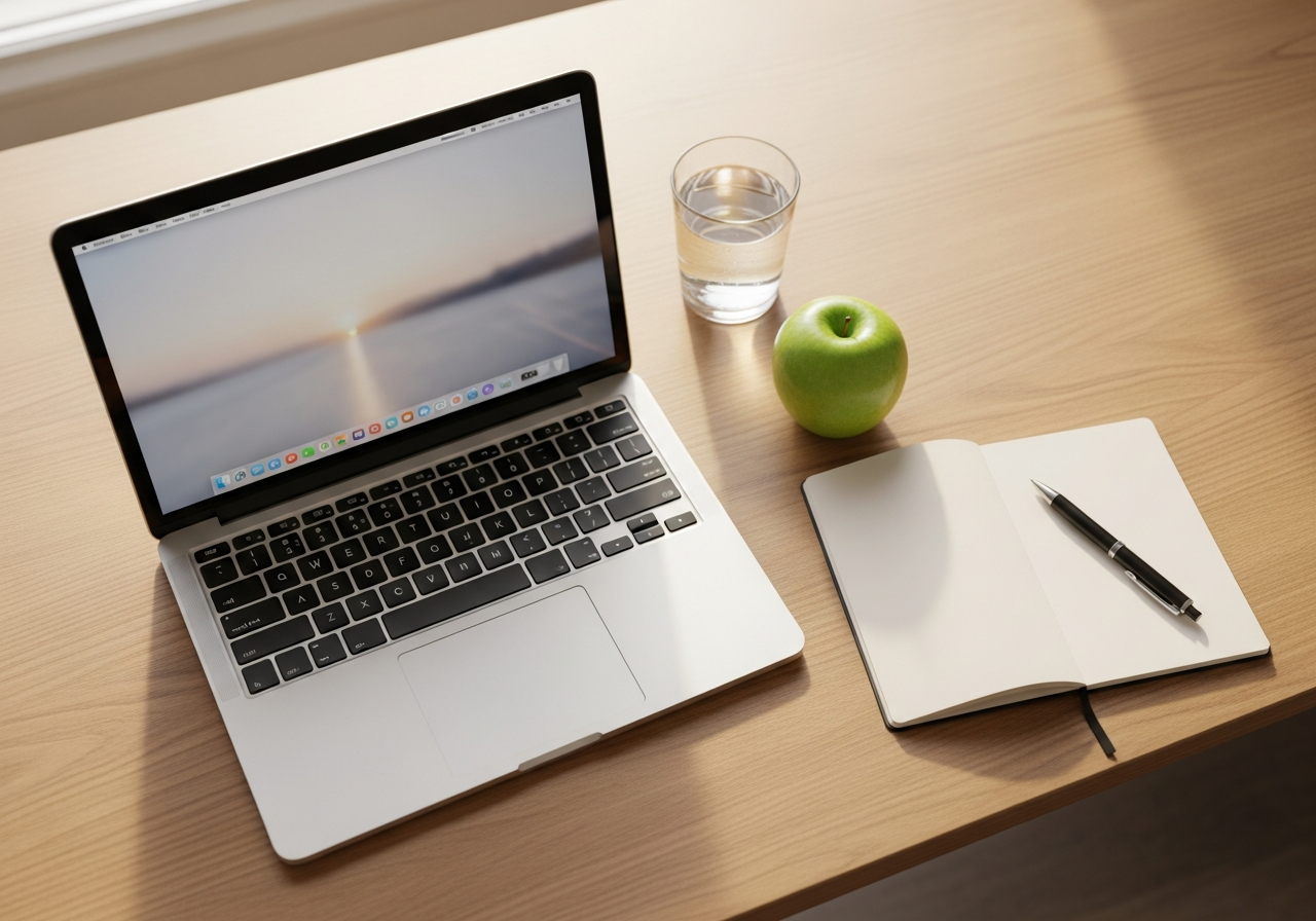 Mesa de escritorio com notebook e maca