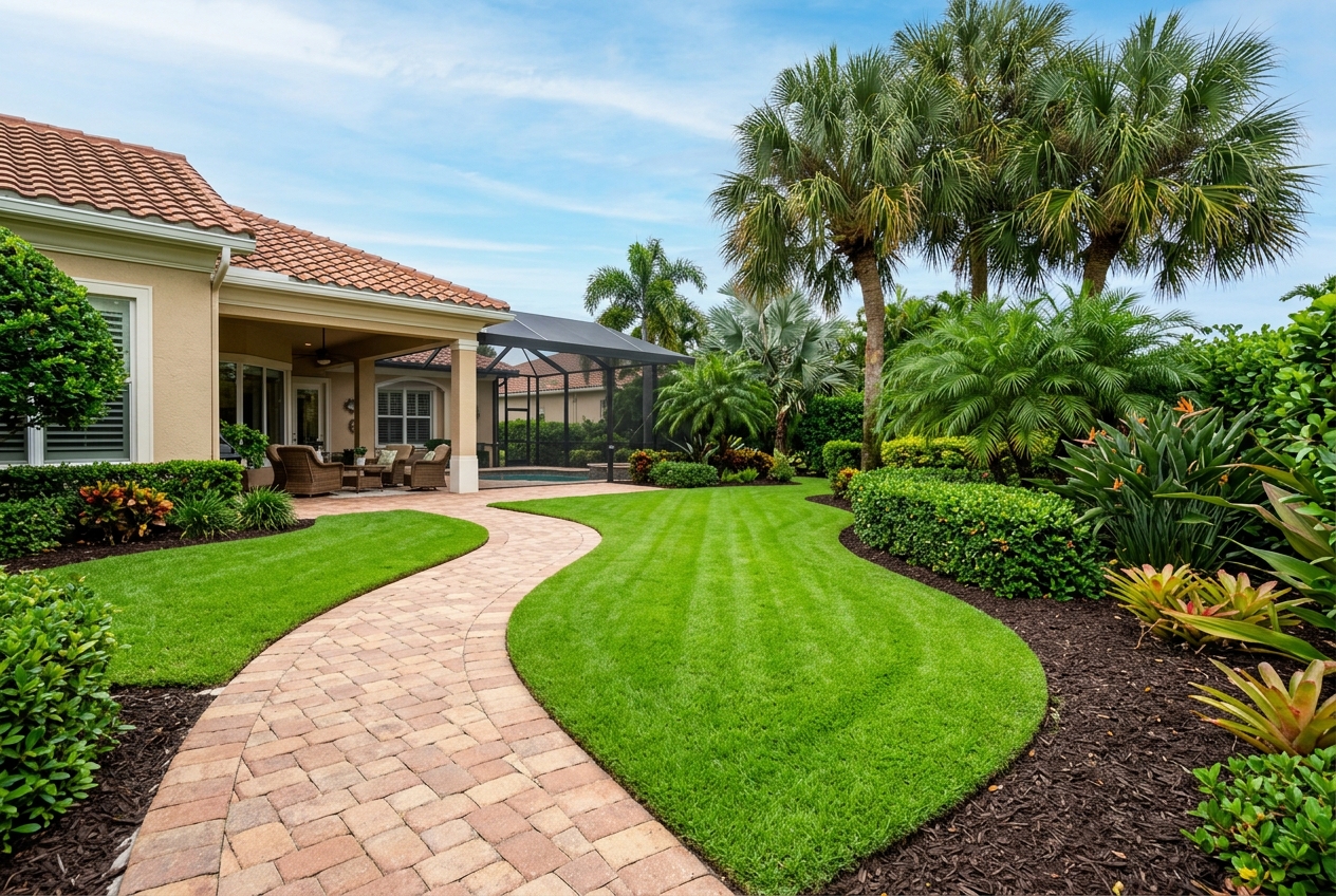 After — Backyard walkway edged and hedges tamed