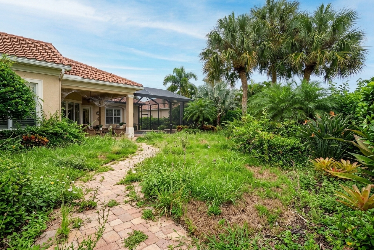 Before — Backyard walkway edged and hedges tamed