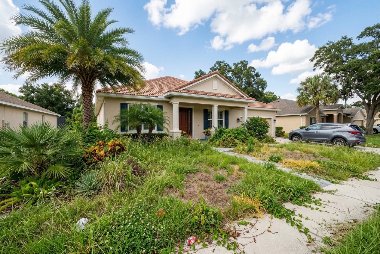 Before — Overgrown front lawn brought back to a crisp, striped finish