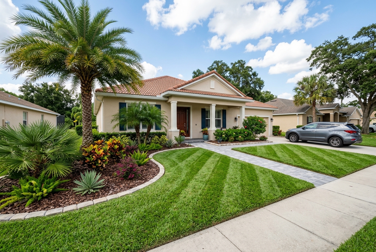 After — Overgrown front lawn brought back to a crisp, striped finish