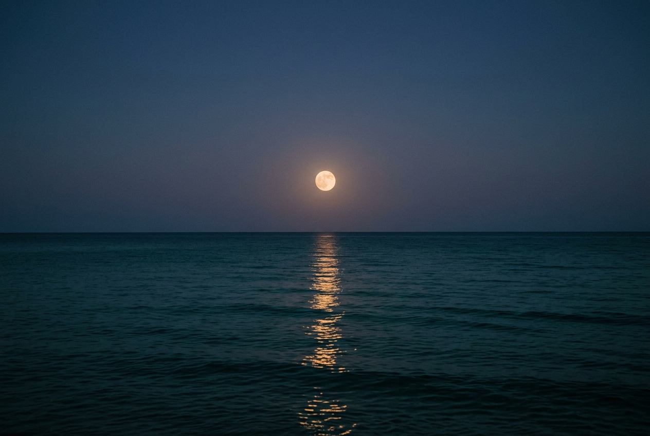 Full moon rising over a calm dark ocean
