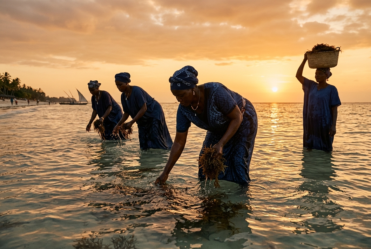 Women in blue dresses hand-gathering seamoss at golden hour