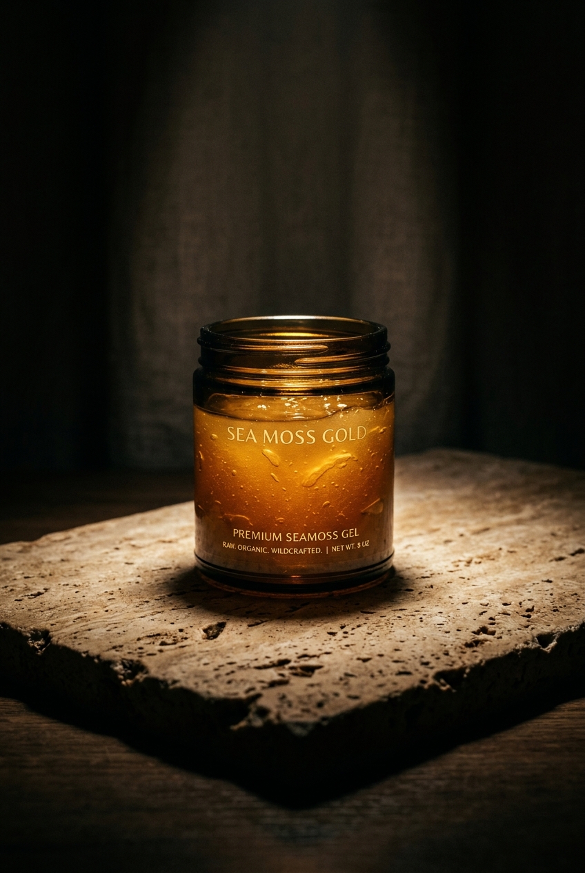 Spotlit jar of golden seamoss gel