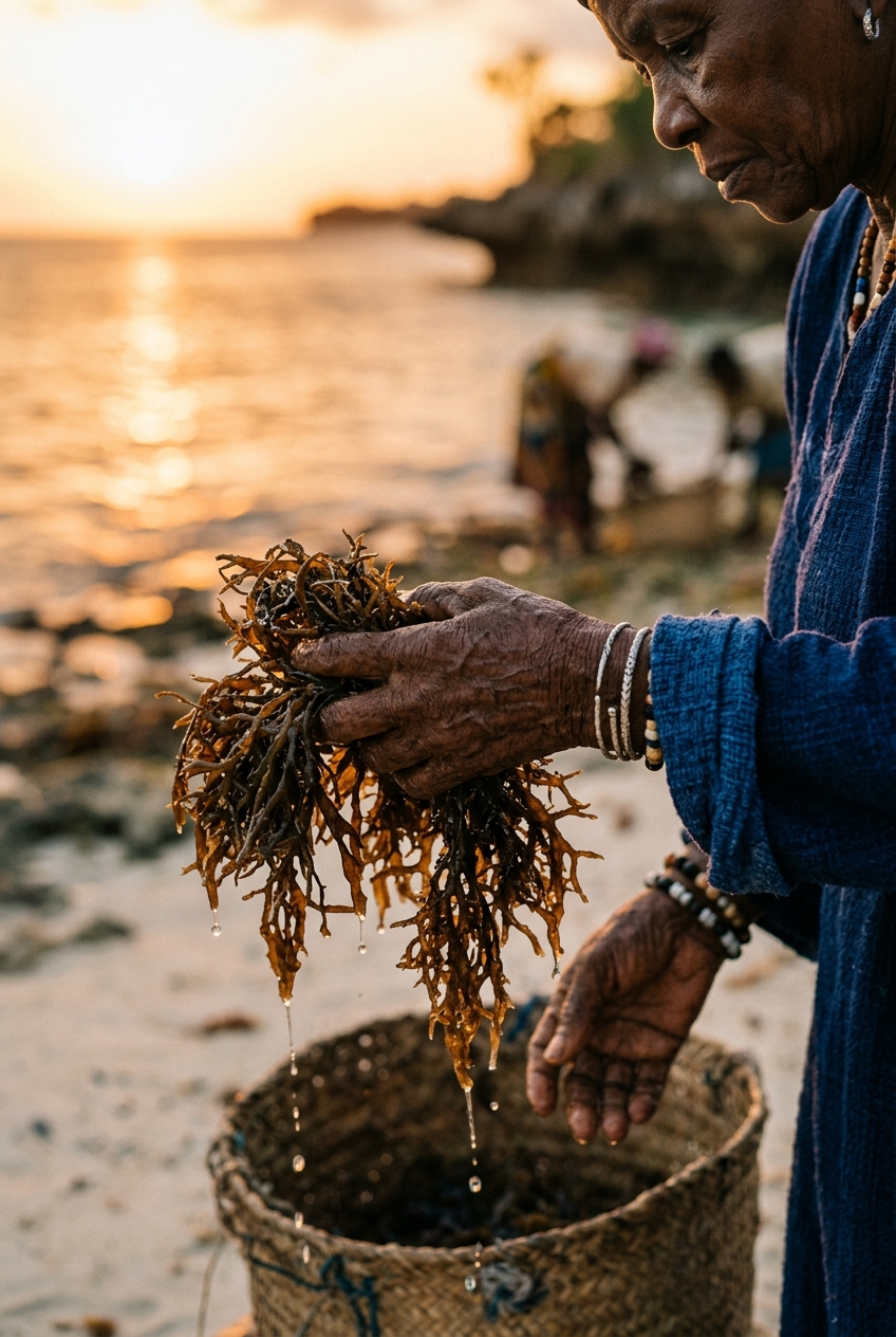 Elder hands holding freshly gathered seamoss at dusk