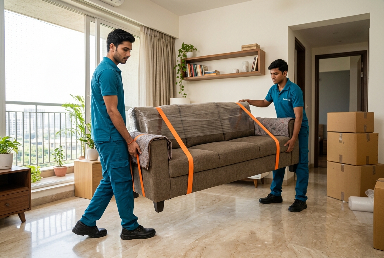 TaskMate helpers carefully moving a sofa inside an Indian apartment