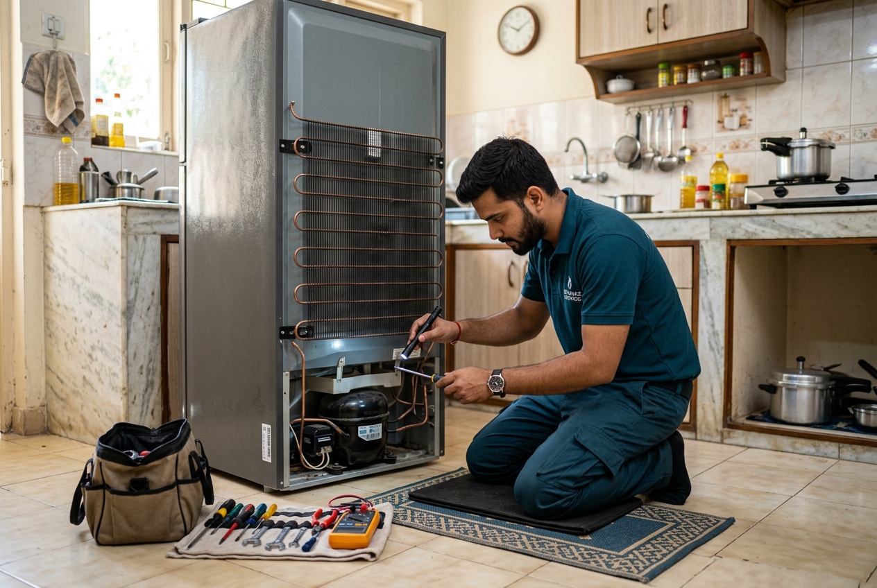 Zaddy Fixit technician inspecting a refrigerator cooling system in a Patna home
