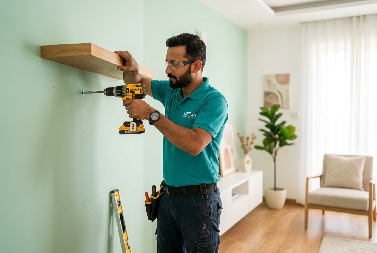 Carpenter installing a wooden shelf in a modern Indian home
