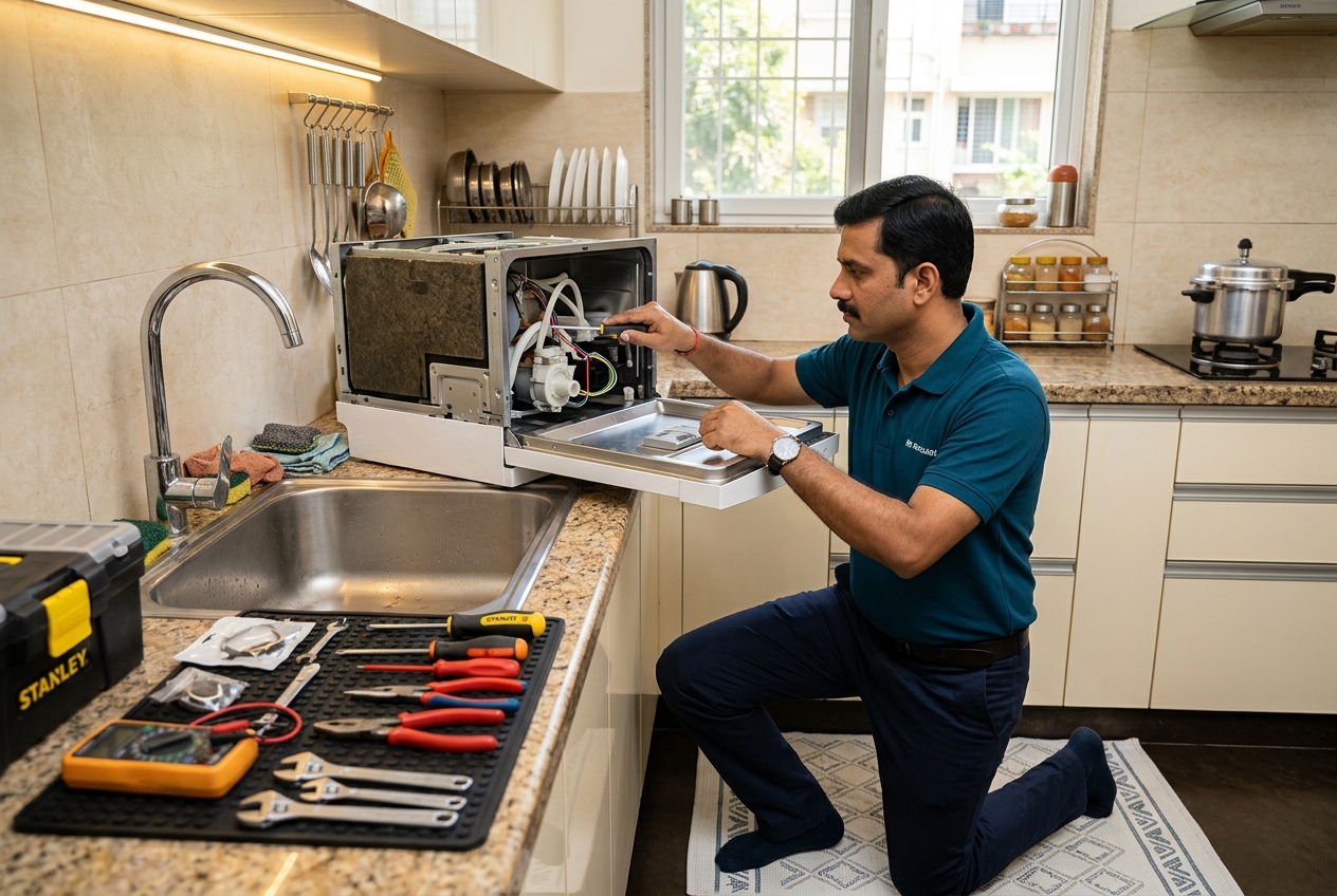 Technician repairing a countertop dishwasher in a modern kitchen