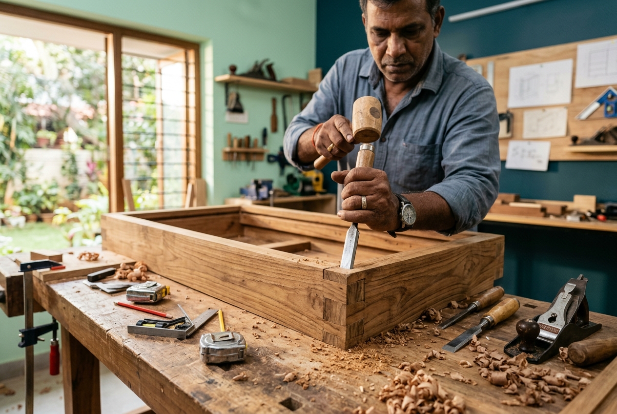 Zaddy Fixit carpenter crafting a custom wooden wardrobe by hand