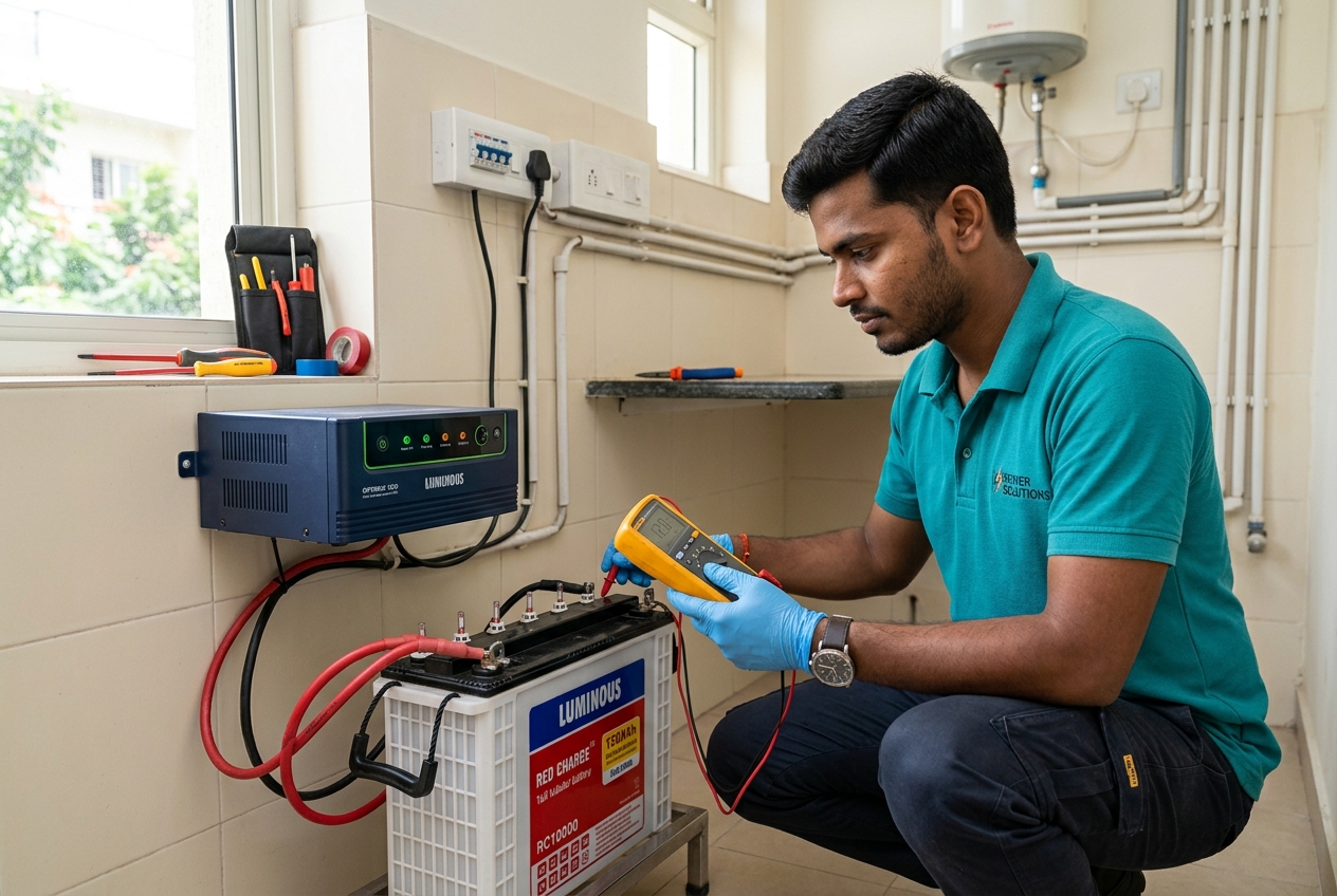 Technician checking a home inverter battery with a multimeter