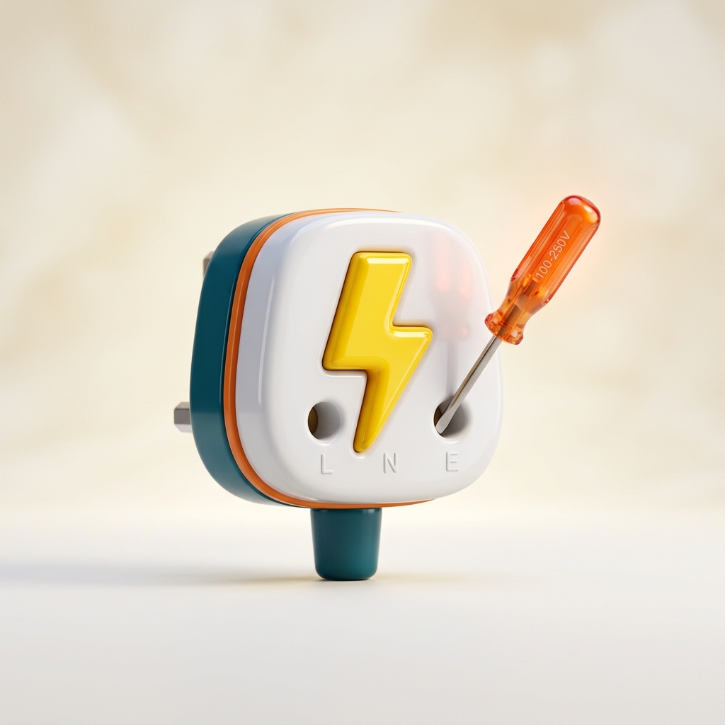 3D illustration of an electrical plug with tester screwdriver and lightning symbol