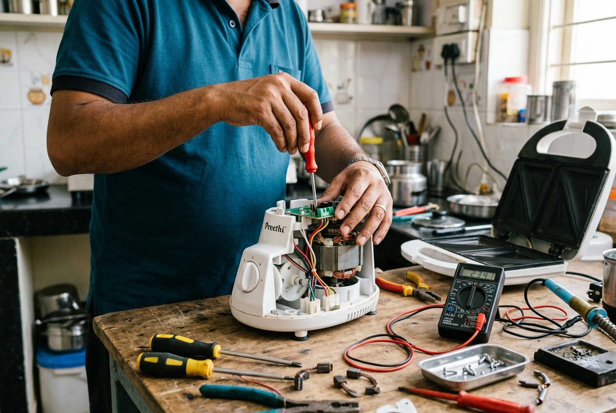Technician repairing a mixer grinder on a clean workbench