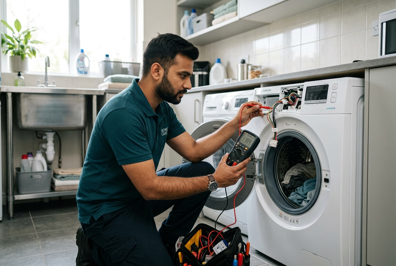 Technician diagnosing a front-load washing machine with a multimeter