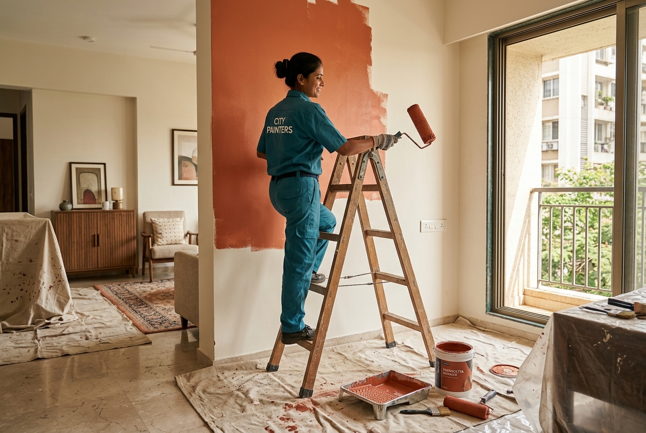 Painter using rollers in a protected furnished Indian home