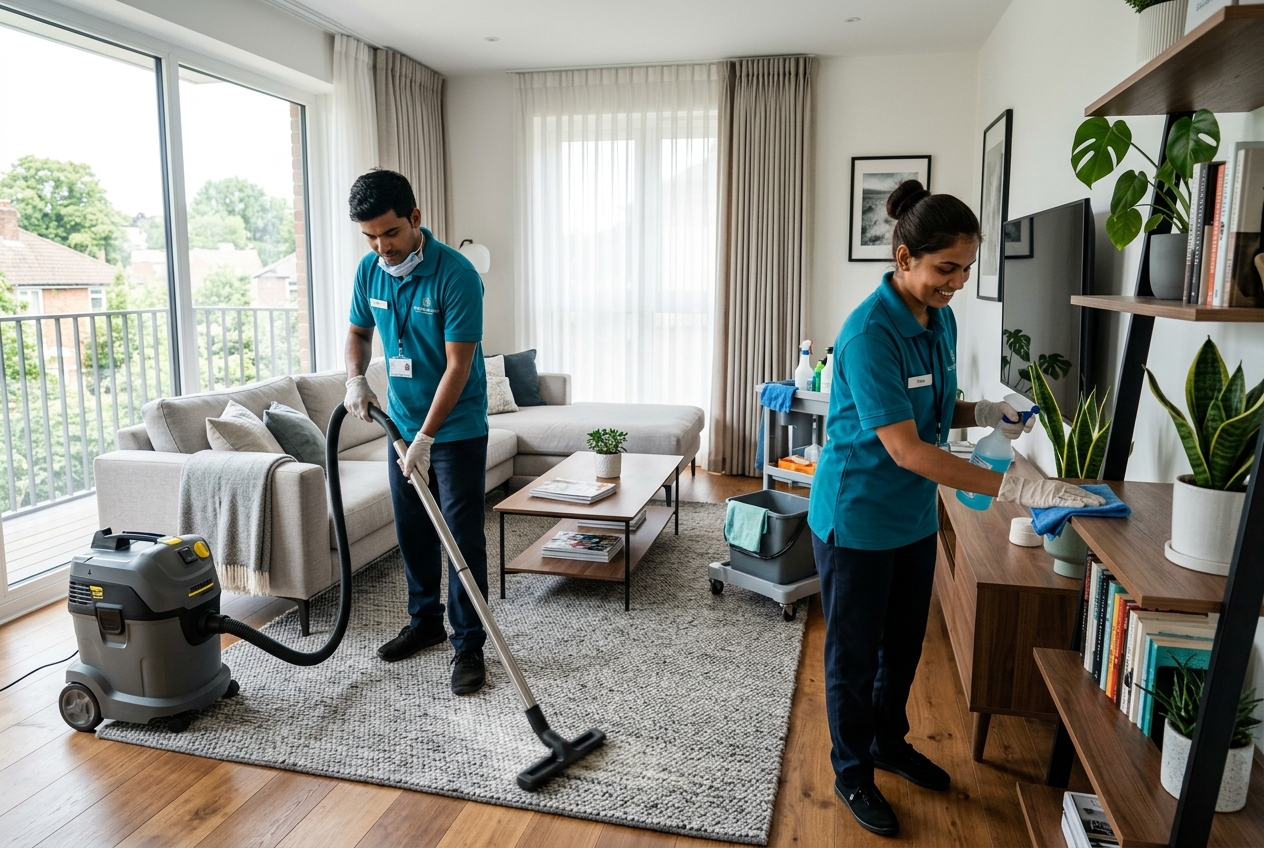Uniformed cleaning team deep-cleaning a bright Indian home