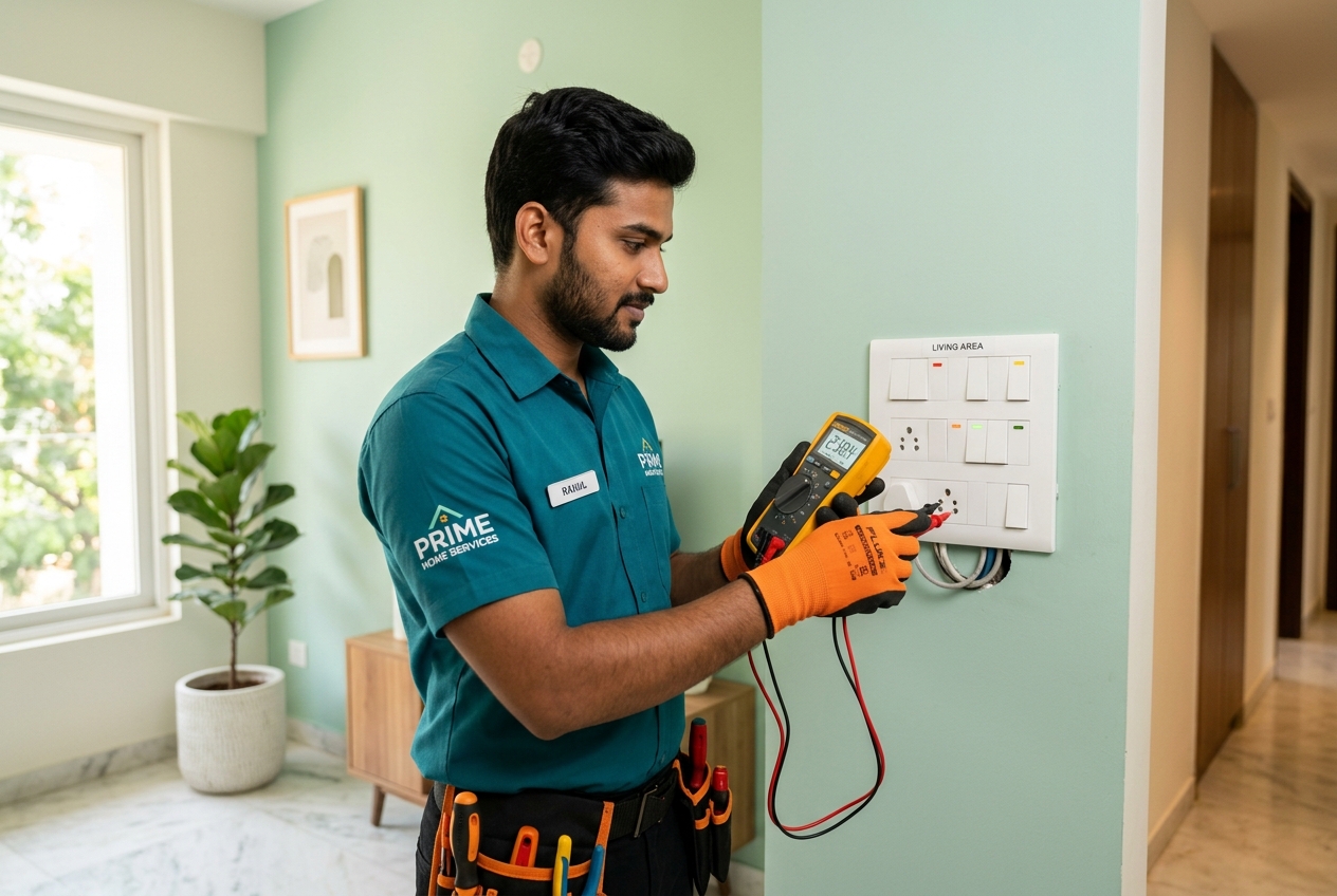 Uniformed electrician safely inspecting a switchboard with insulated tools